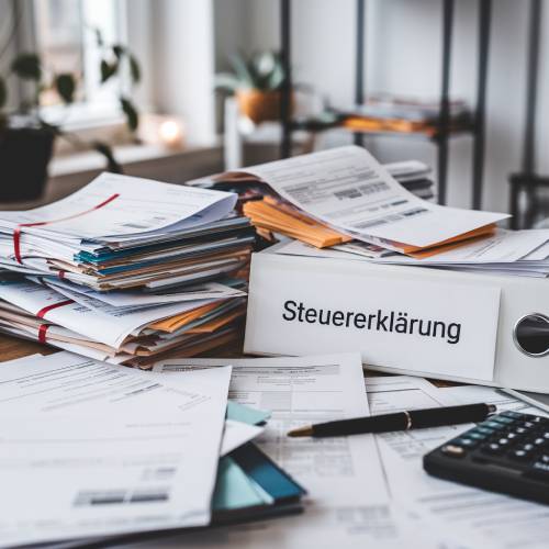 Ein Schreibtisch mit Steuerunterlagen